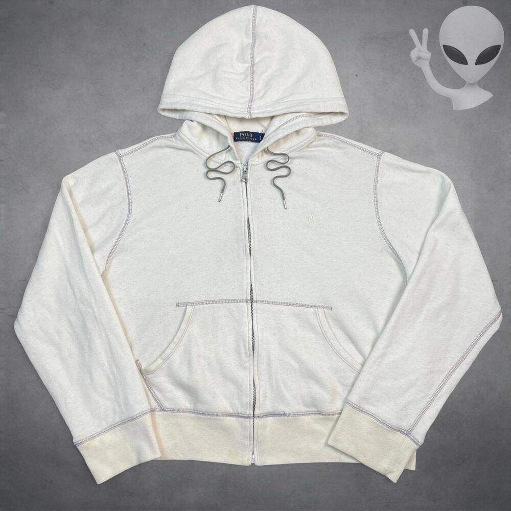 Polo Ralph Lauren Cream Off White Fleece Full Zip Hoodie Jacket Womens Small